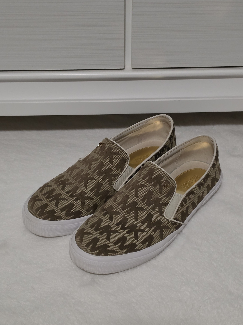 Michael Kors Women's Tan Beige MK Monogram Slip-On Sneakers